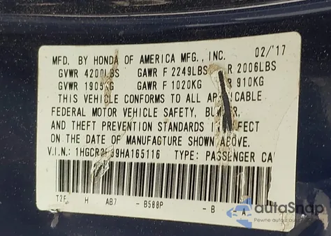 2017 Honda Accord Lx from USA, damaged, VIN 1HGCR2F39HA165116